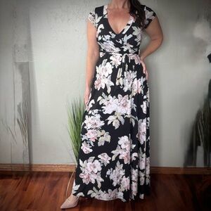 Janette Fashion Floral Print Short Sleeve Black Maxi Dress with Tie Waist